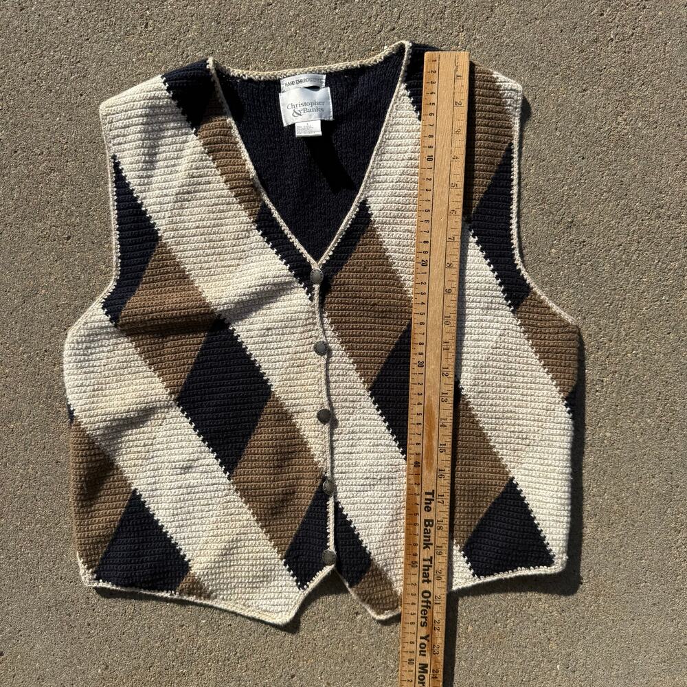 Vintage Grandpacore Neutral Boho Argyle Knit Sweater Vest LARGE Brown Tan Black - Picture 8 of 8